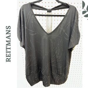 🛍️3/$40 Reitmans Black Silver Sparkle metallic V-Neck Women's Top Chain Metal 2X